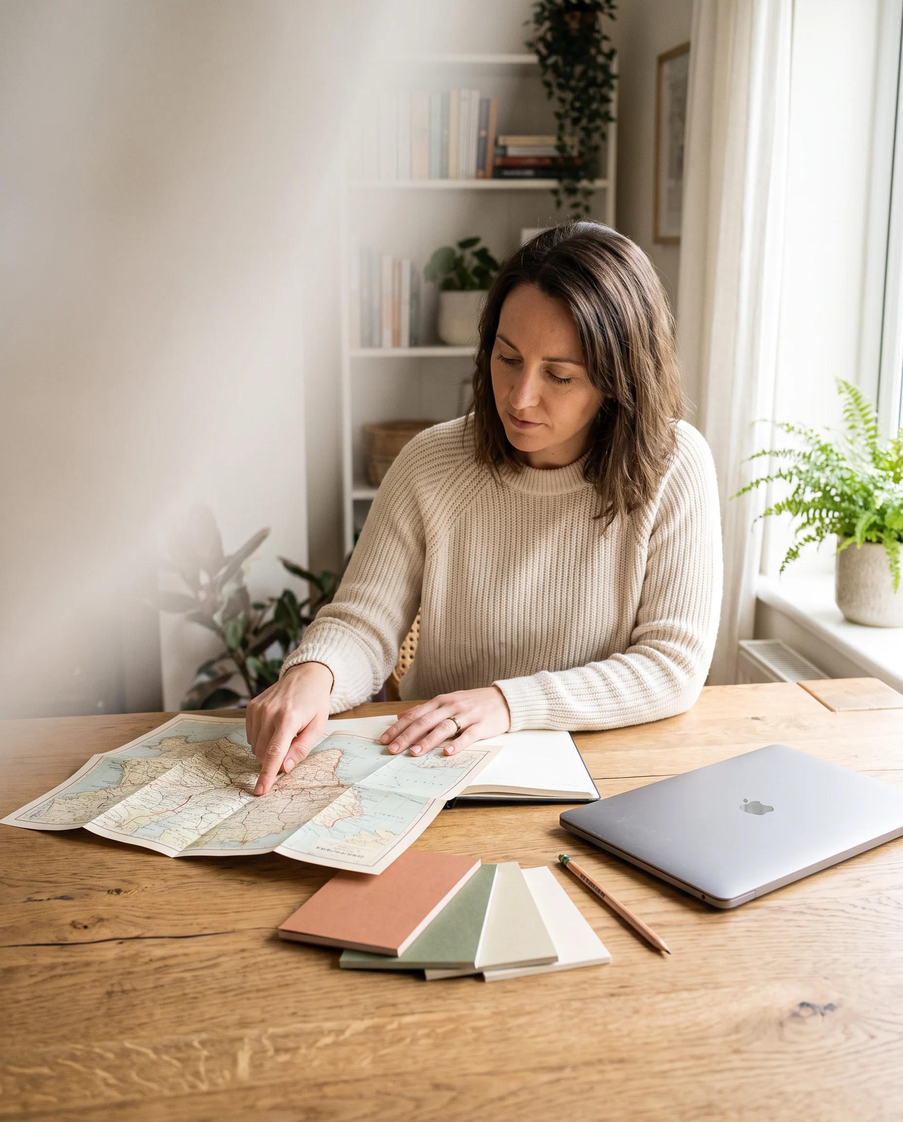 A person writing in a notebook by a window