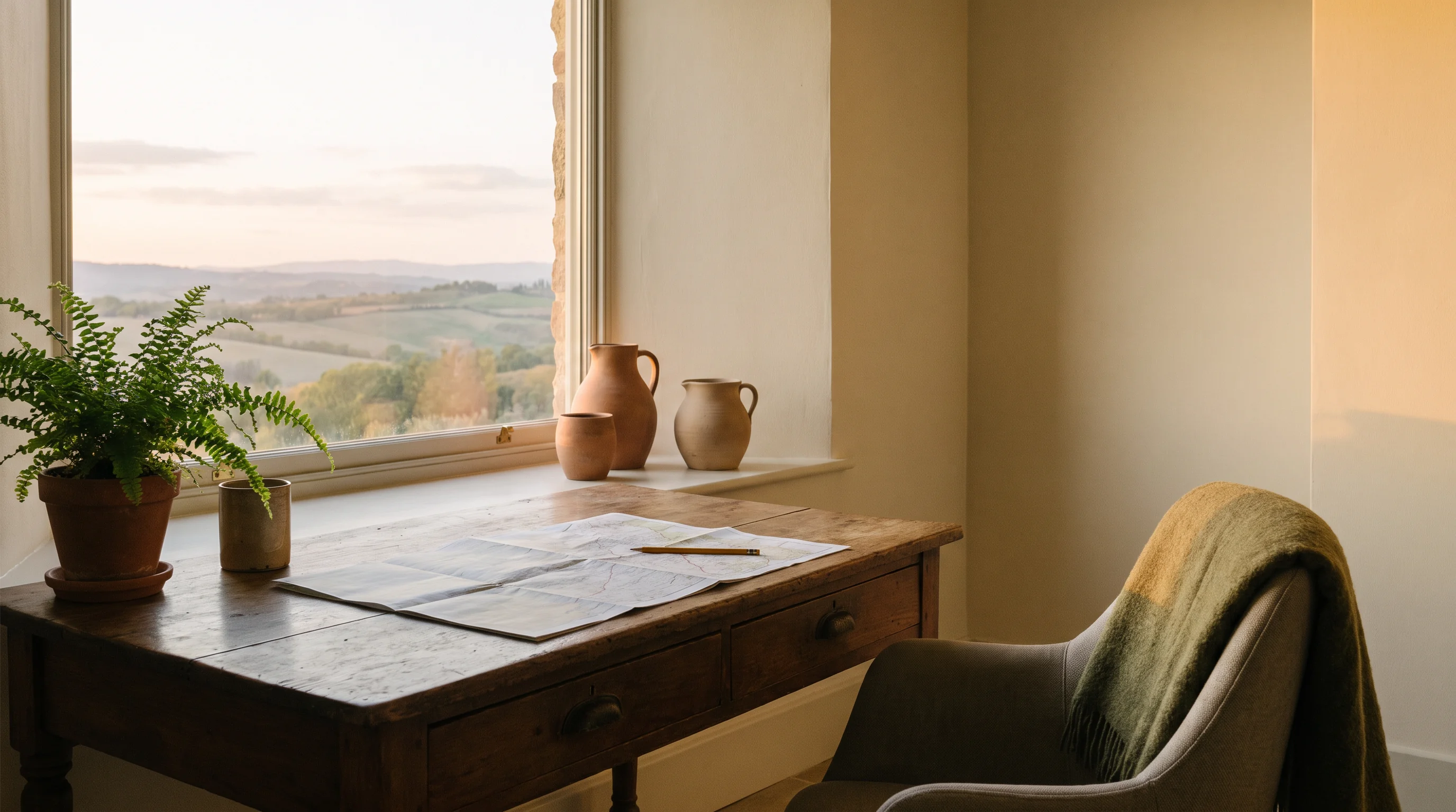 A quiet table by a window prepared for reflective work