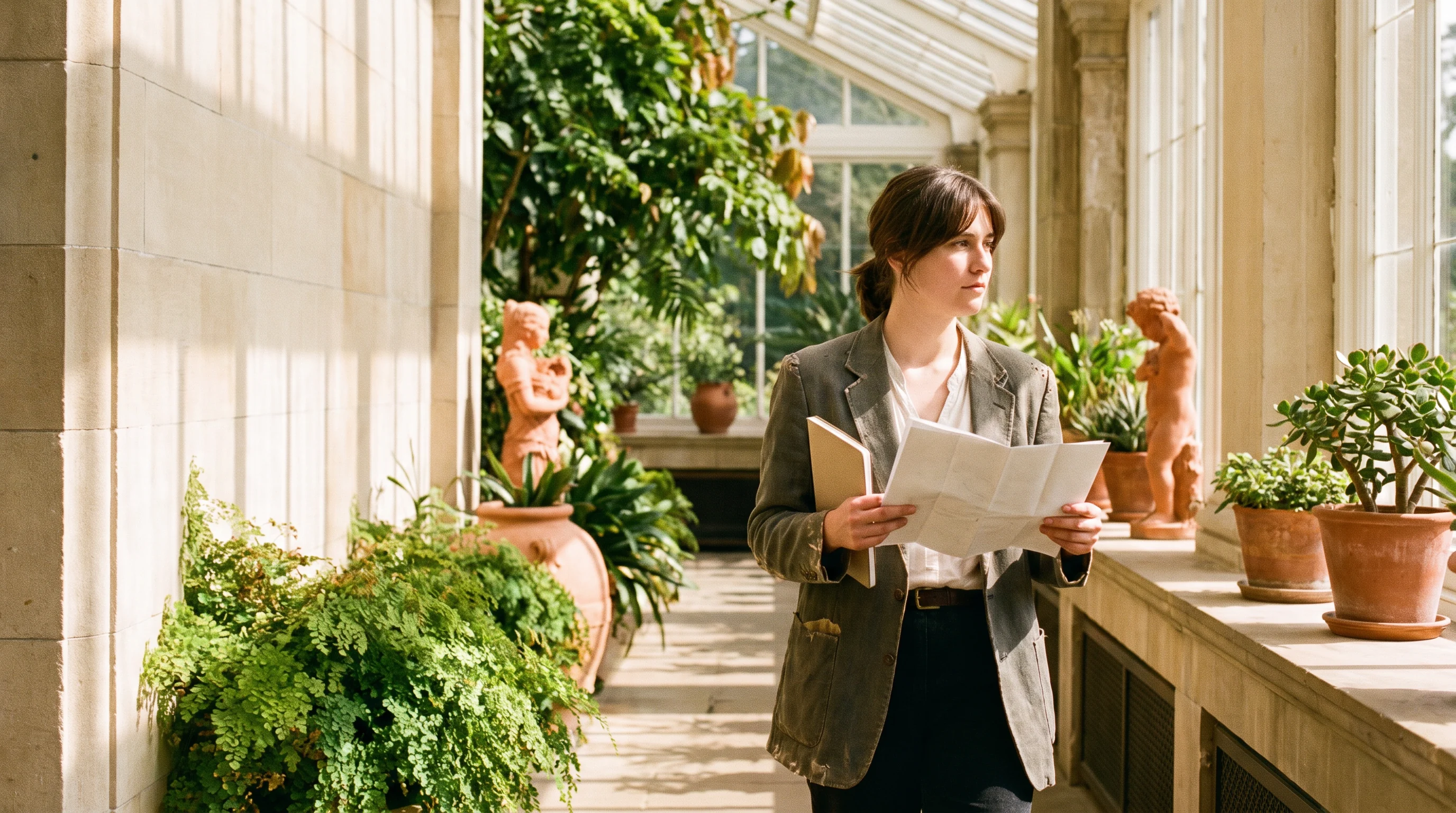 A person reading a paper map in a sunlit greenhouse path
