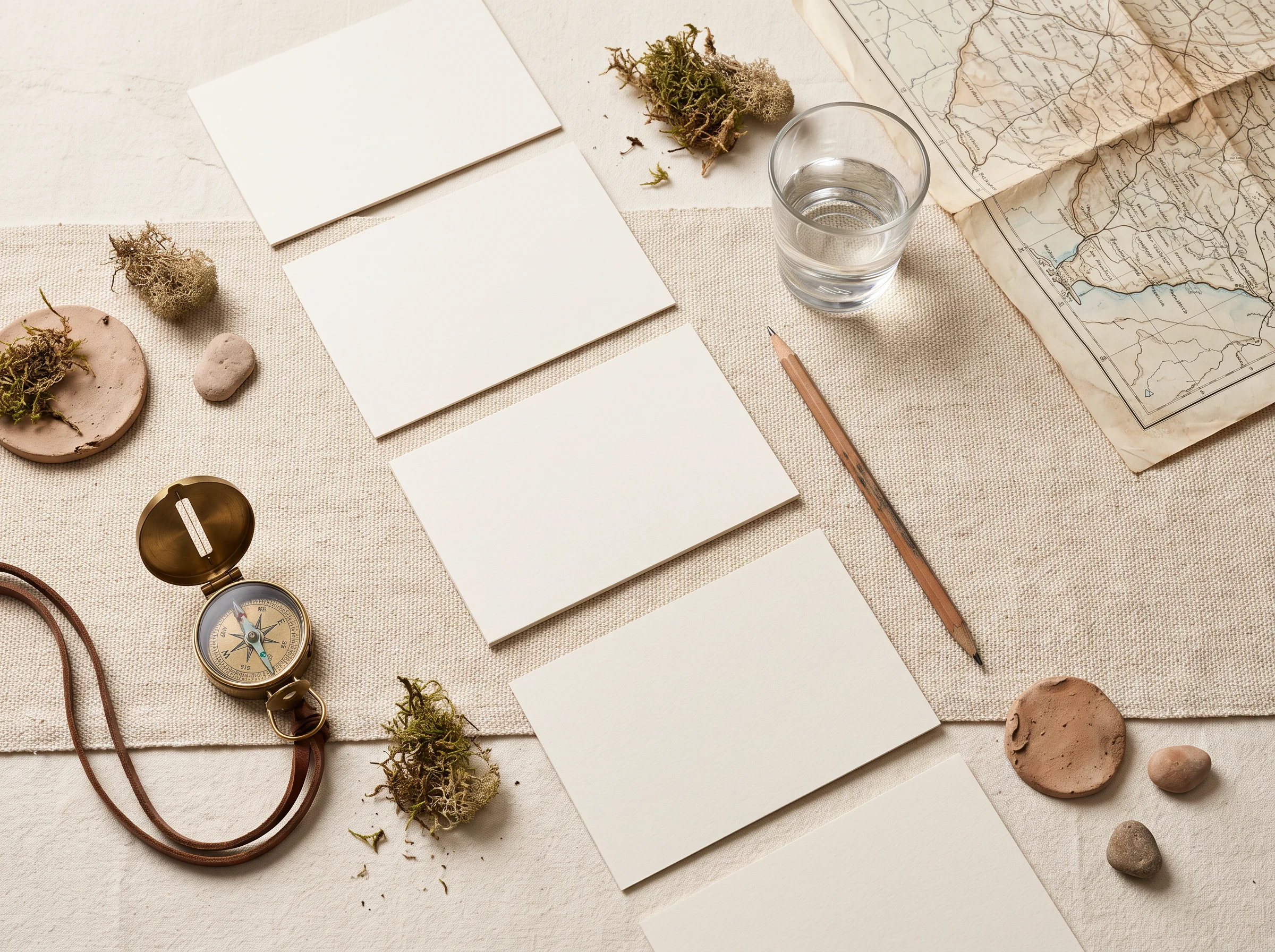Paper, small compass, dried plants and a map arranged as a field desk