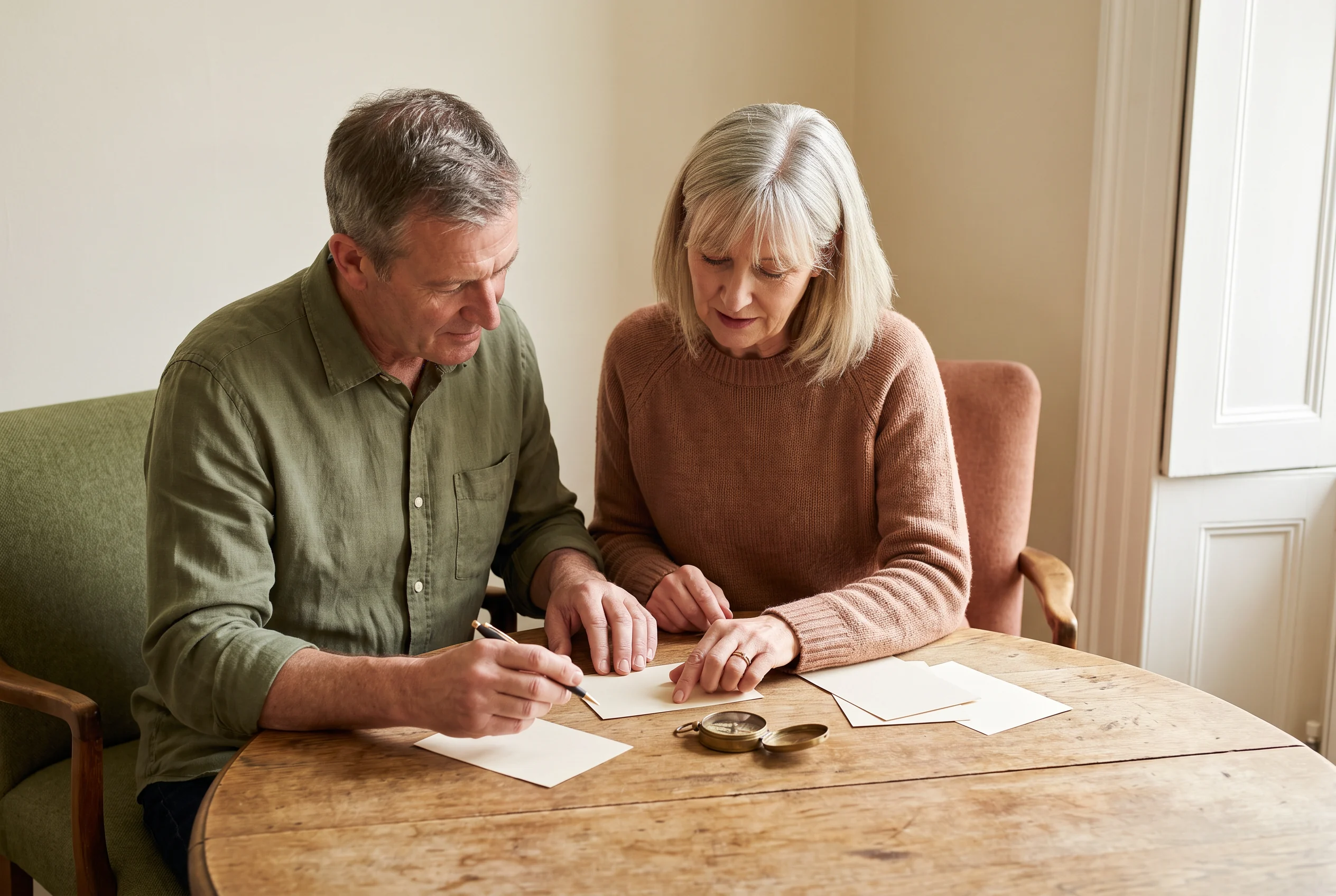 Two people reviewing notes and pieces of paper at a round wooden table