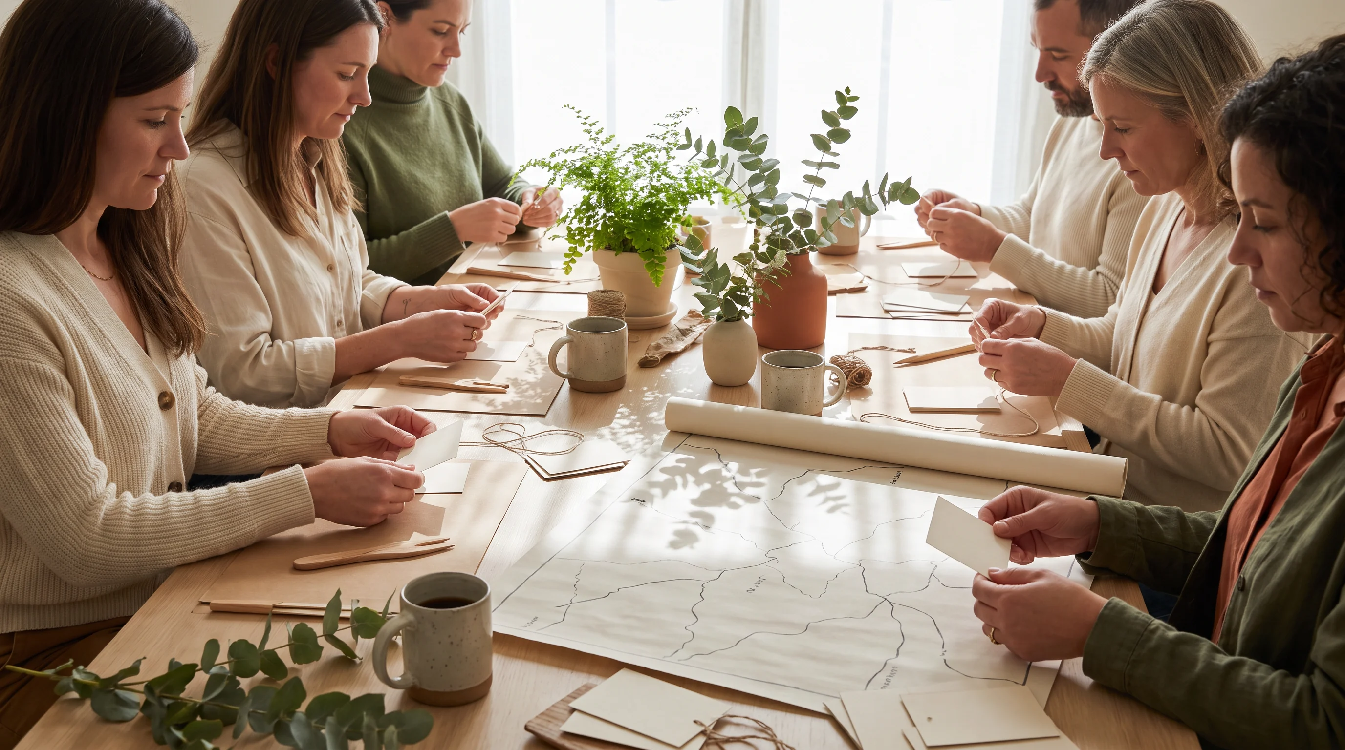 People working with maps and notes around a sunlit table