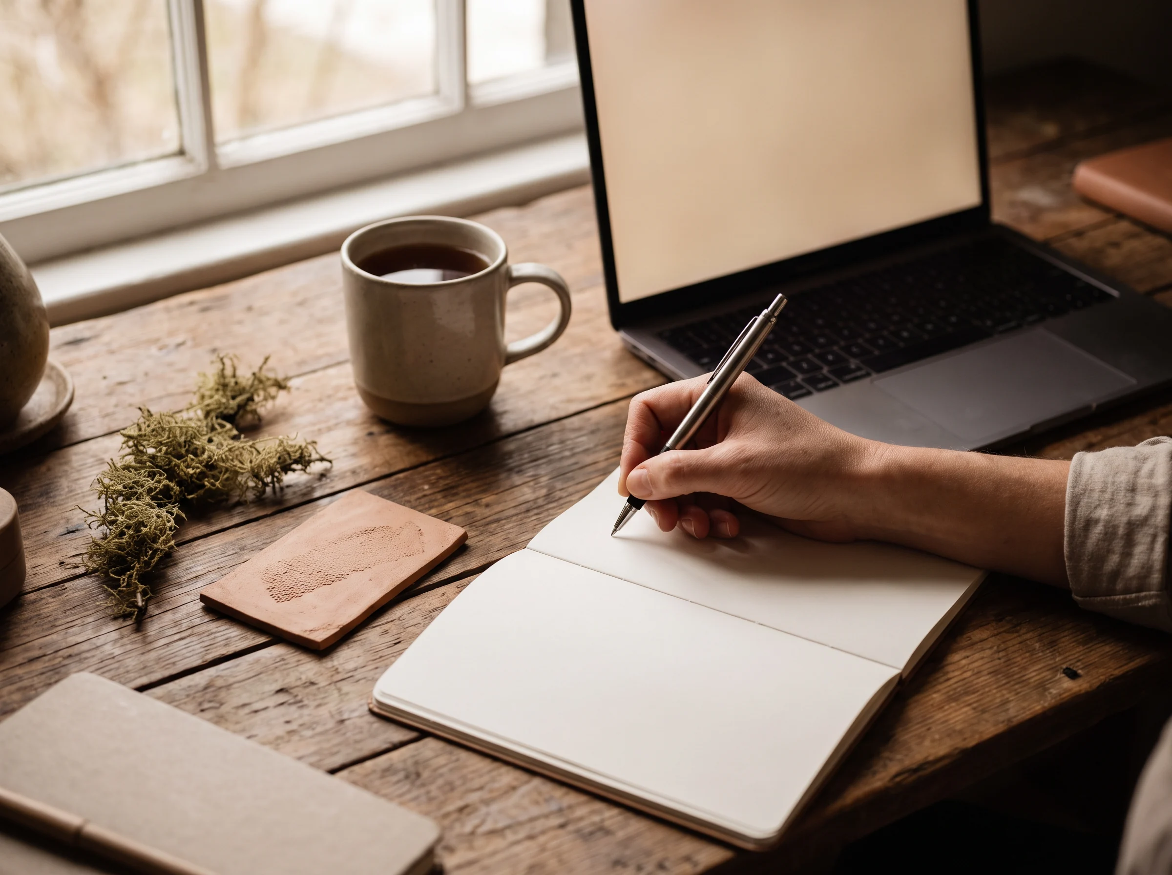 A notebook, cup, laptop and field notes on a working table
